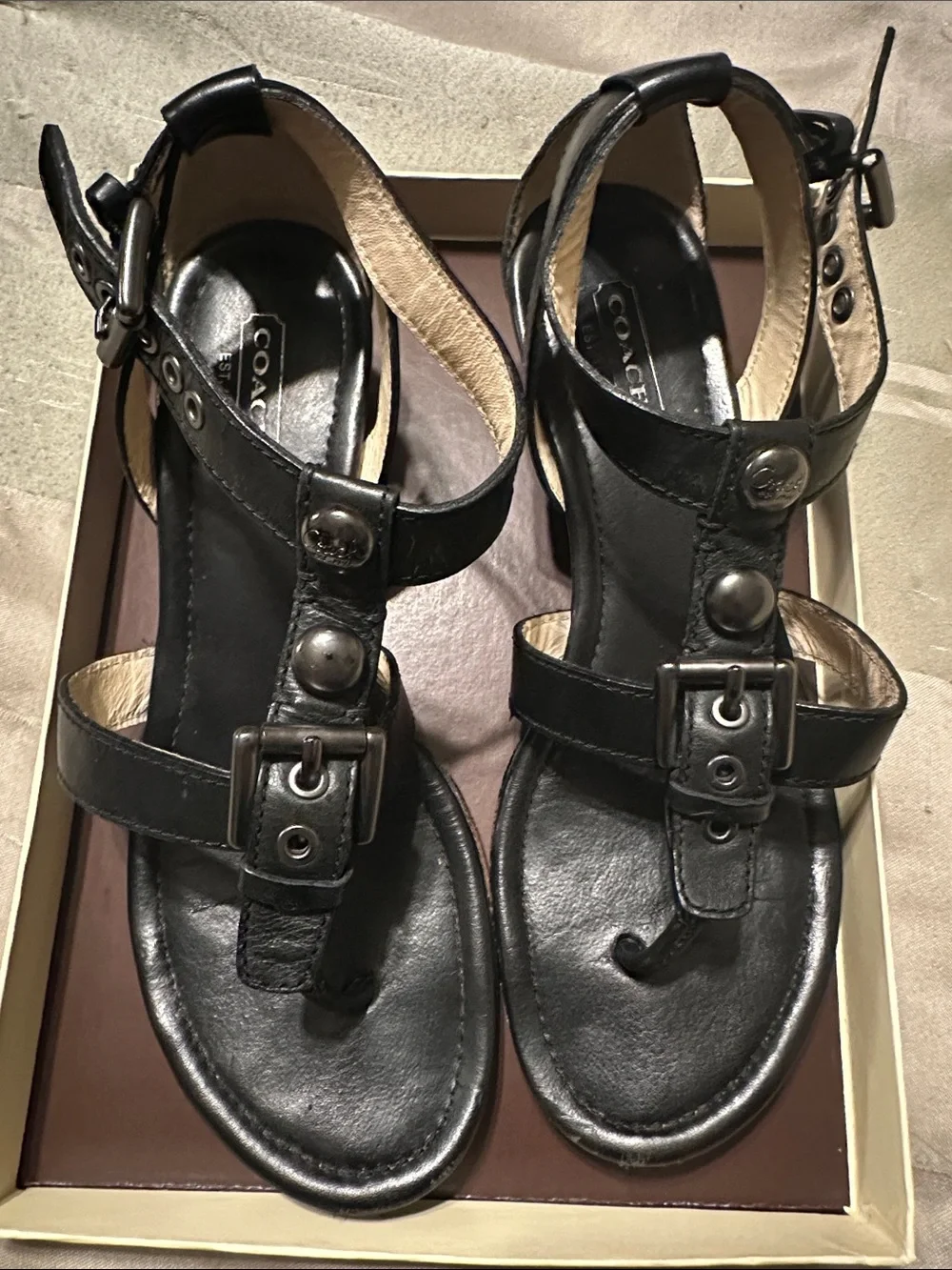 Coach Black Leather T-Strap Buckle Sandals